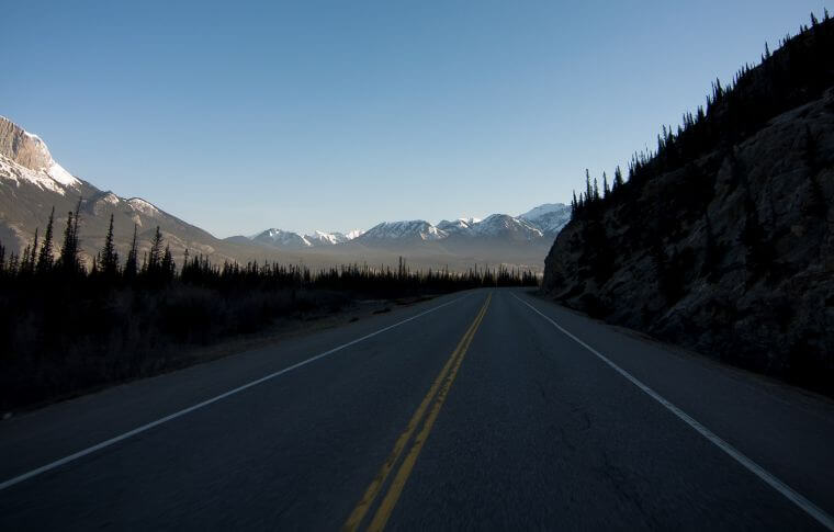 An open road, lined either side by thick pine forests.